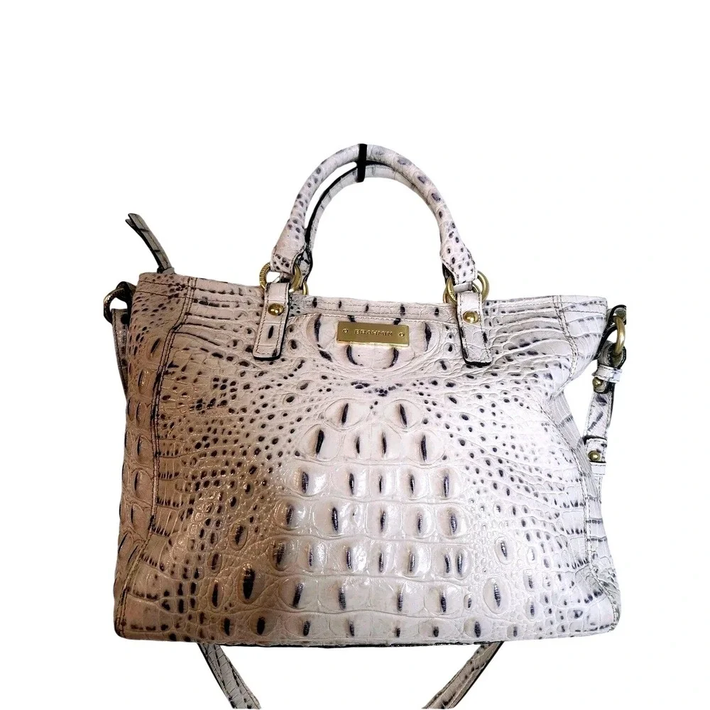 Brahmin Croc Embossed Leather Satchel Crossbody Bag Gray Cream Gold Hardware
